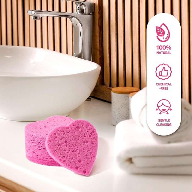 GAINWELL 50-Count Heart Shape Compressed Facial Sponges for Daily Facial Cleansing and Exfoliating, 100％ Natural Cosmetic Spa Sponges for Makeup Remover