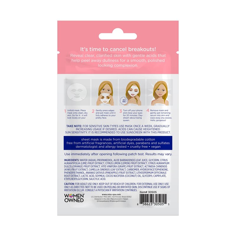 MISS SPA Face Mask Skin Care, Clear Skin Enzyme for Women, Exfoliating Sheet Mask for Acne, Blemish Free Skin, Biodegradable Cotton Sheet Mask, Dermatologist Tested, 4 Pack