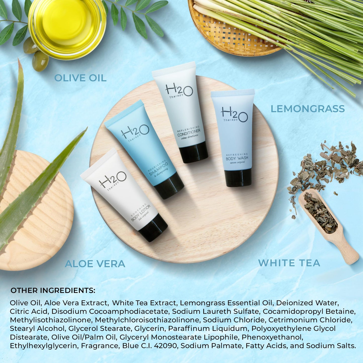 H2O Therapy Hotel Soaps & Toiletries Bulk Set | 1-Shoppe Amenities Kit | 0.85oz Shampoo & Conditioner, Body Wash, Lotion | Travel Size | 80 Pieces