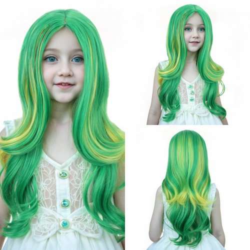 Ufindcos Green Mixed Yellow Wig for Kids Long Colorful Wig Long Wavy Curly Child Wig Green Mixed Yellow Wig for Girls Middle Part 22 inches Natural Synthetic Wig with Wig Cap