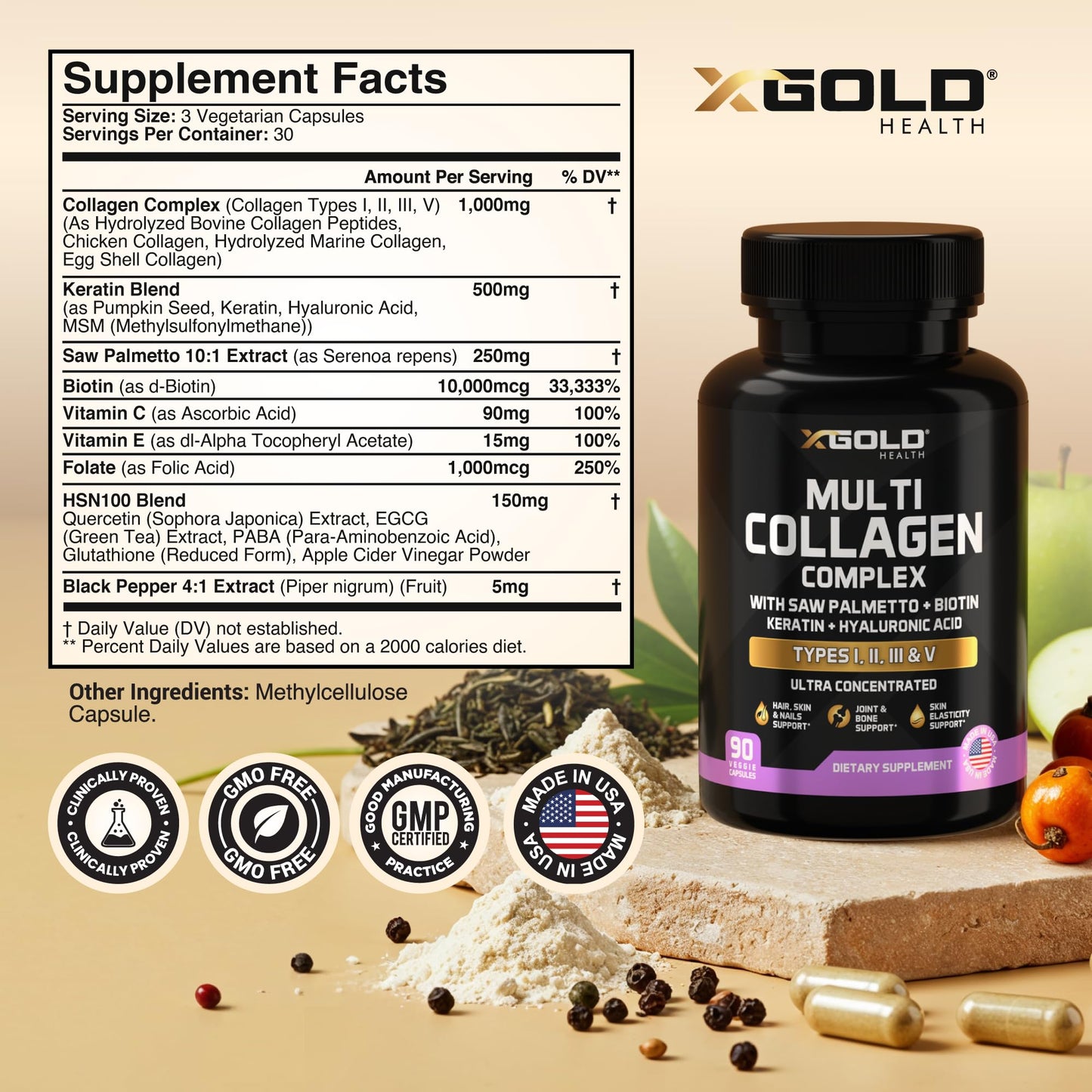 X Gold Health Multi Collagen Types I, II, III & V with Biotin 10,000 mcg, Keratin, Hyaluronic Acid, Saw Palmetto, Hair Skin & Nails Formula, 90 Capsules