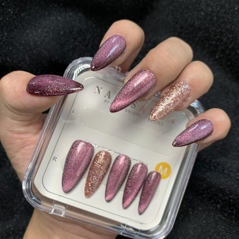 CAMILCY Handmade Nails Press on Almond Nail Pointed Green Gold Crystal Glitter Design Hand painted Reusable Gel UV Finished Pre shaped False Nails for Women 10pcs 3D Handmade Nails (A027, L)
