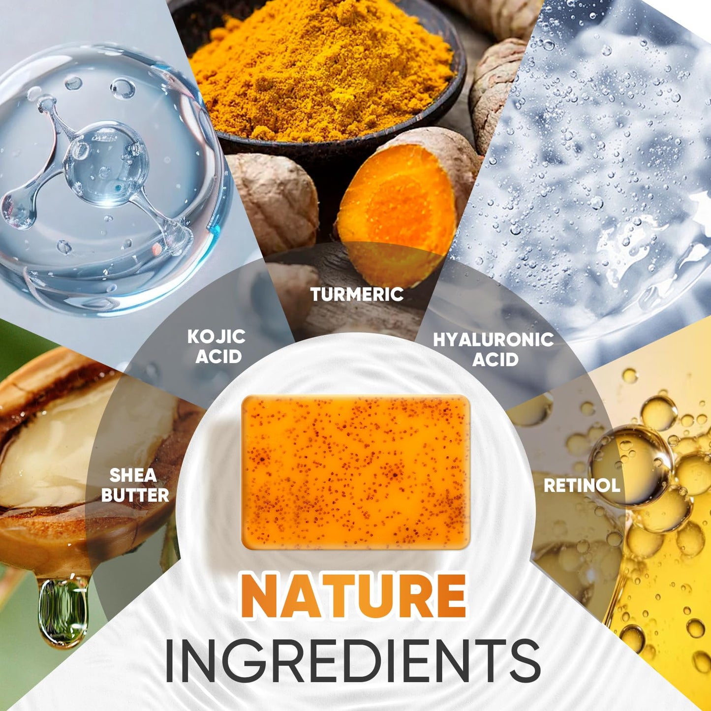 OAKDOLCHE 6 Pack Turmeric Kojic Acid Soap Bars - Infused with Retinol, Hydrolyzed Collagen, Vitamin E & Shea Butter, Gentle Care for Face, Body & Underarms, SLS Free, Suitable for Oily & Dry Skin,60g