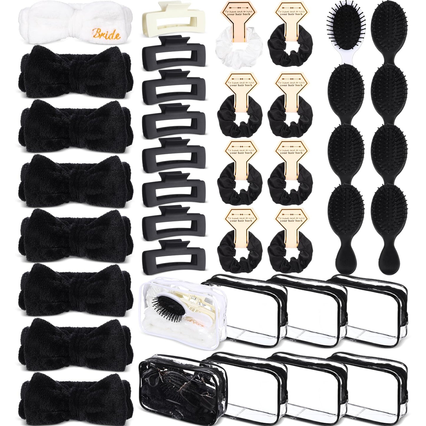 Wavyknot 40 Pcs Bachelorette Party Favor Set Include Headband Scrunchies Hair Claw Clips Hairbrush and Makeup Bag for Bridal Shower Party Gifts Bridesmaid Wedding Supplies(White and Black)
