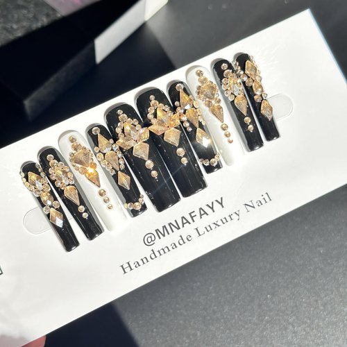 MNAFAYY 100% Handmade Nails 3D Rhinestone Crystal Extra Long Press On Nails Full Cover Luxury Gems Gorgeous Reusable UV Finished Fake False Nails Acrylic Nail Kit With Box Gifts for Women Black S