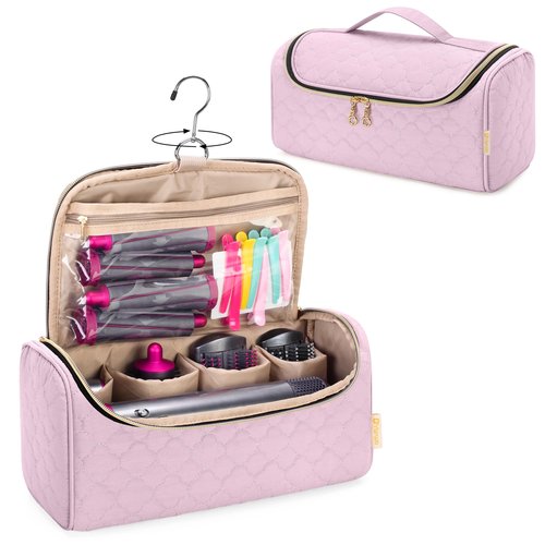 Yarwo Travel Case Compatible for Dyson Airwrap Complete Styler and Attachments, Portable Storage Bag with Hanging Hook for Hair Curler Accessories, Pink (Patent Design)