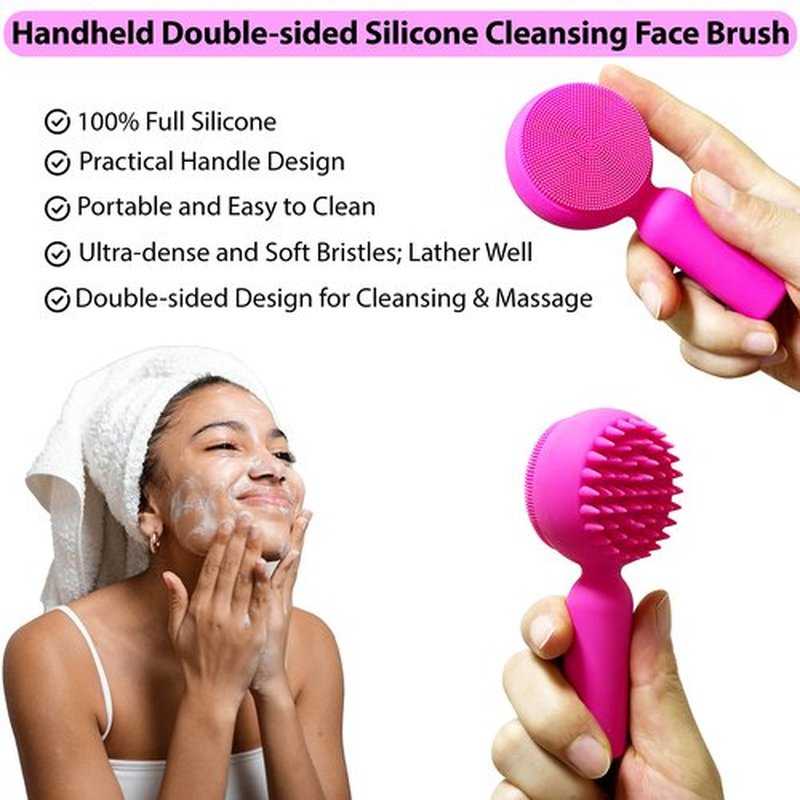 Silicone Facial Cleansing Brush 2 in 1 Silicone Facial Scrubber Manual Exfoliating Facial Brush Face Cleanser Face Exfoliator Ultrafine Bristles for Sensitive Skin Easy to Clean Lather Well (Rose-red)