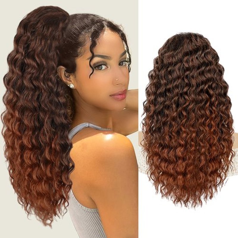 AISI BEAUTY Curly Ponytail Extension,Drawstring Ponytail Extension for Black Women Synthetic Curly Wavy 20 Inch Fake Clip in Ponytail Hair Extensions for Daily Use（T30