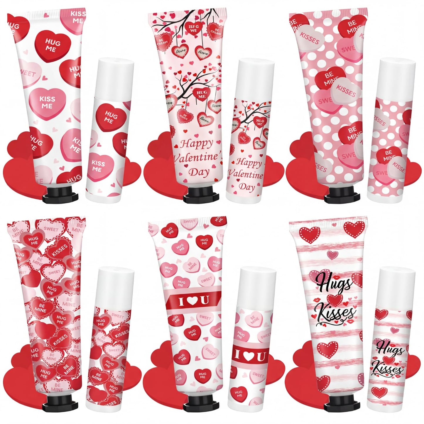 Demissle 6 Sets Bulk Hand Cream & Lip Balm Party Favors for Women – Red Heart Candy Moisturizing Hand Lotion Set, Mother's Day Basket Stuffers Gifts, Teacher & Coworker Appreciation Goodie Bags