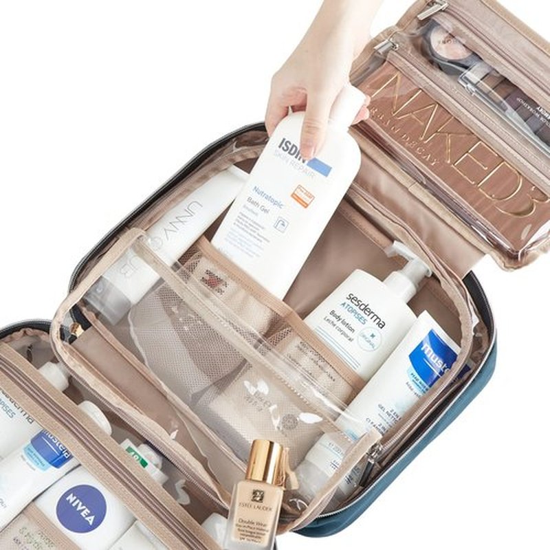 NISHEL Travel Toiletry Bag for women, Portable Hanging Organizer for Full-Sized Shampoo, Conditioner, Brushes Set, Makeup Accessories, Large Size, Lake-Blue