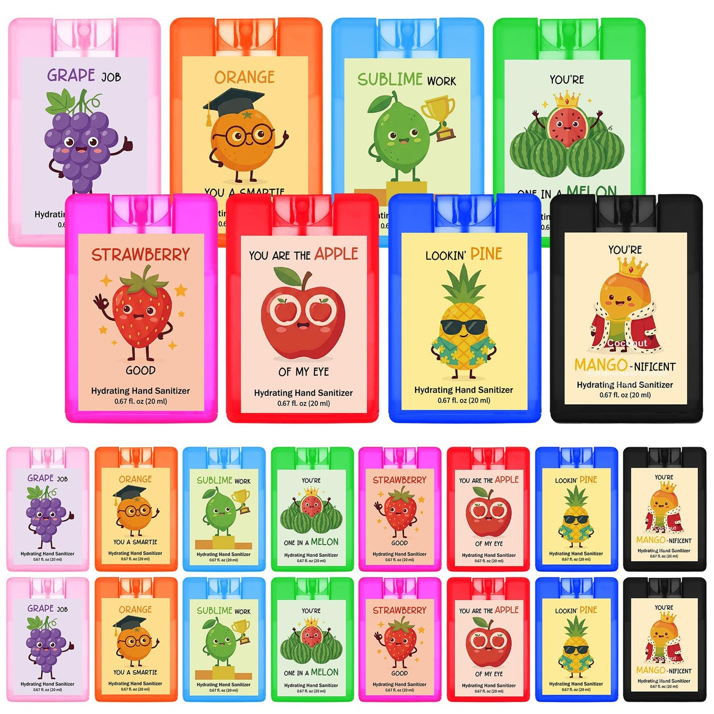 Frienda 24 Pack Graduation Party Favors Positive Hand Sanitizer Spray Bulk Portable Travel Size Mist Hydrating with Scented Essential Oils Mini Pun Motivational Gift for Women Teacher Employee, 0.67fl