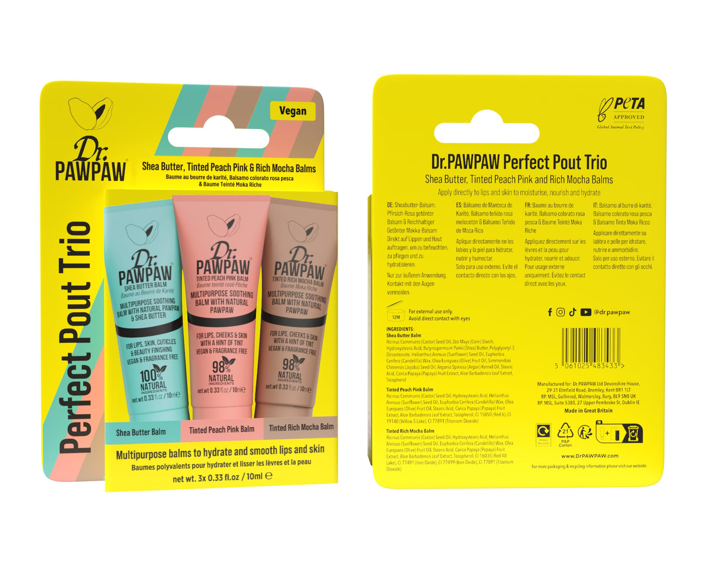 Dr. PawPaw Mini Perfect Pout Trio - Lip Balm Giftset - Nourishing and Hydrating Lip Balms for Women - Peach Pink, Shea Butter, and Rich Mocha - 3 pc
