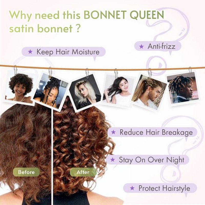 BONNET QUEEN Satin Bonnet Silk Bonnet for Sleeping Women Hair Bonnet Night Sleep Cap Scarf wrap for Curly Hair with tie Band Purple