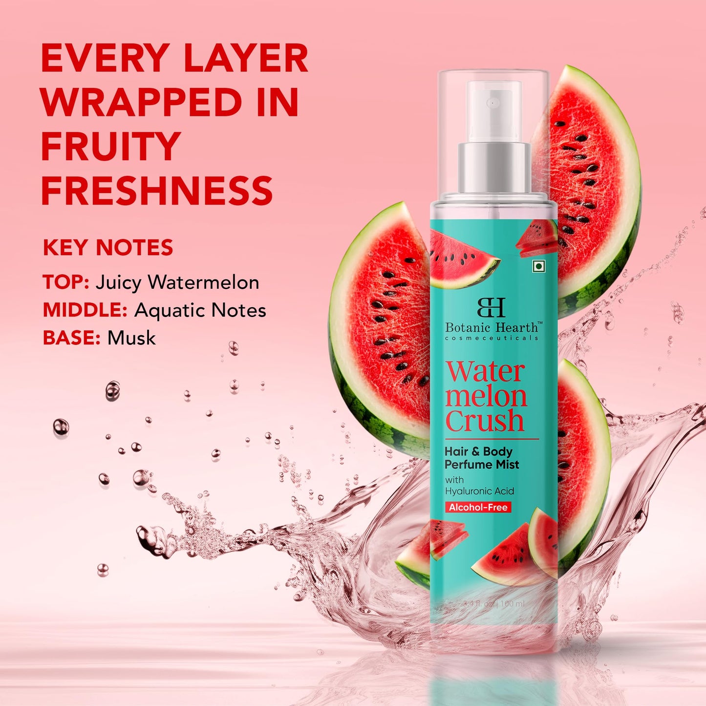 Botanic Hearth Watermelon Hair Perfume & Body Mist, Long-Lasting Hair Deodorizer & Body Scent for Women & Men, Alcohol-Free Clean Fragrance Hair Spray For Everyday Wear, All Day Freshness, 3.4 Fl Oz