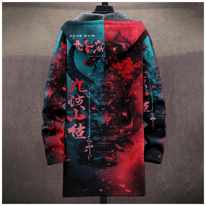 domirica Oni Demon Mask Hoodie Japanese Style Retro Y2K Oni Demon Mask Graphic Long Sleeve Winter Warm Zip UpHooded Long Sweatshirt Fleece Sherpa Lined Novelty Big And Tall Heavyweight Jacket,2XL