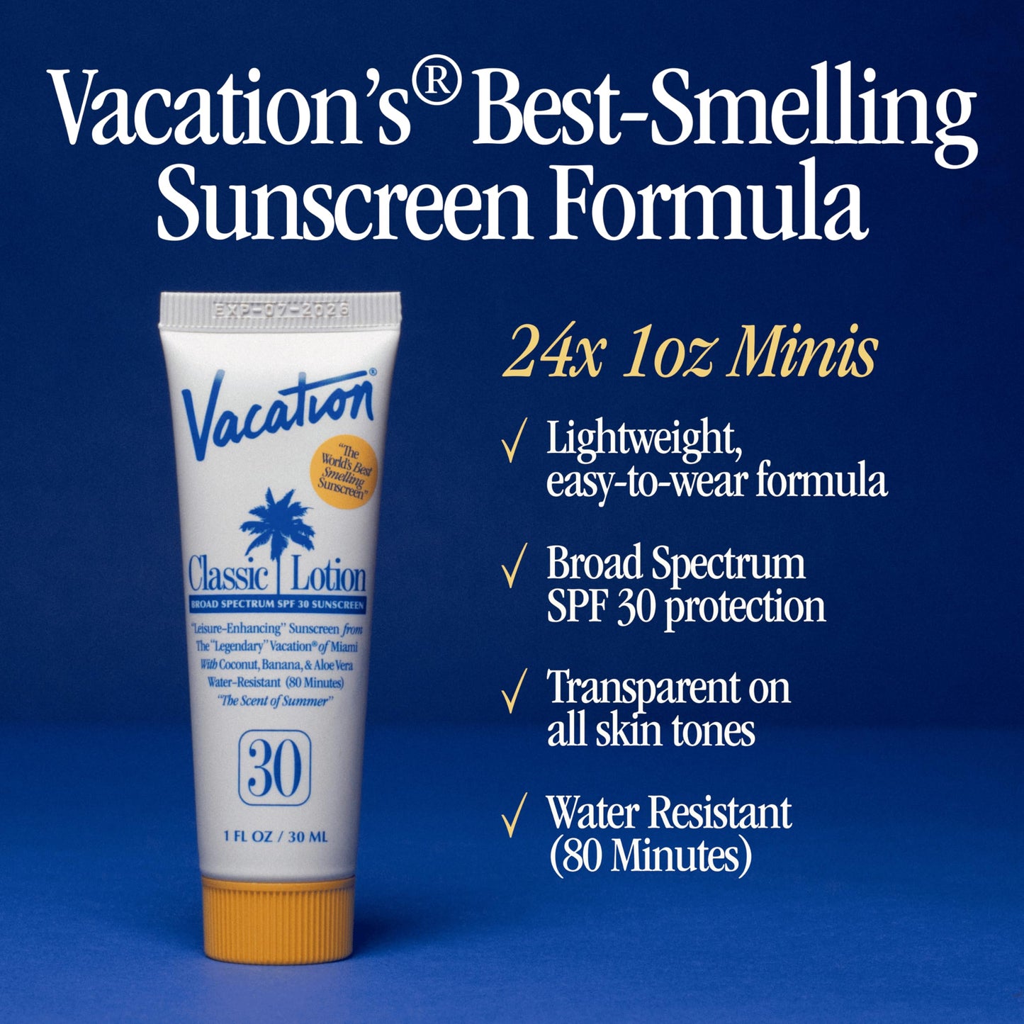 Vacation Mini Classic SPF 30 Sunscreen Lotion, 1 Fluid Ounce, Pack of 24 - Invisible, No White Cast, Water-Resistant, Vegan, Dermatologist-Tested, Travel Size