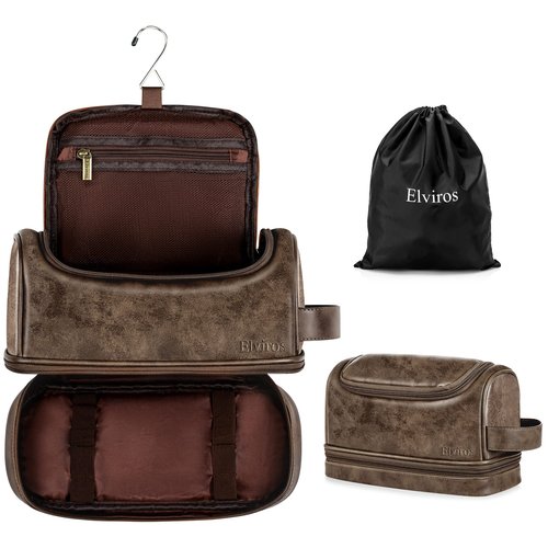 Elviros Toiletry Bag, Mens Leather Travel Organizer Kit with hanging hook, Large Water-resistant Toiletries Bathroom Shaving Bags for Women (Coffee)