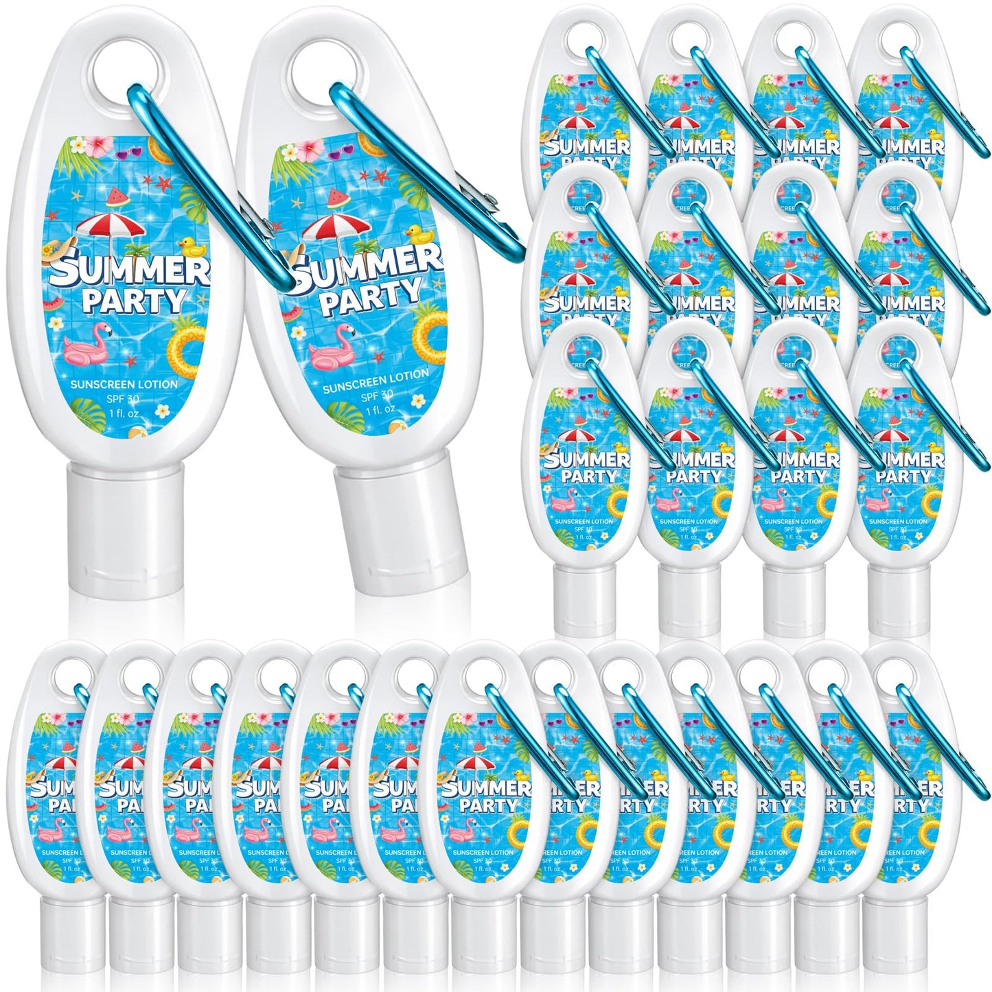 Leelosp 30 Pcs Summer Party Favor Mini Sunscreen with Carabiner Bulk Travel Size 1 Fl. oz. Spf 30 Water Resistant Mini Sunblock Lotion with Clip Keychain for Outdoor Pool Vacation Hawaii Party Favor