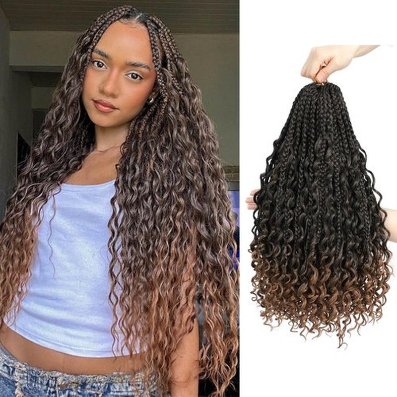 Goddess Box Braids Crochet Hair 24Inch 8PacksPre Looped Boho Box Braids Braiding Hair Curly Ends Bohomian Crochet Box Braids (T/30#, 24 inch)