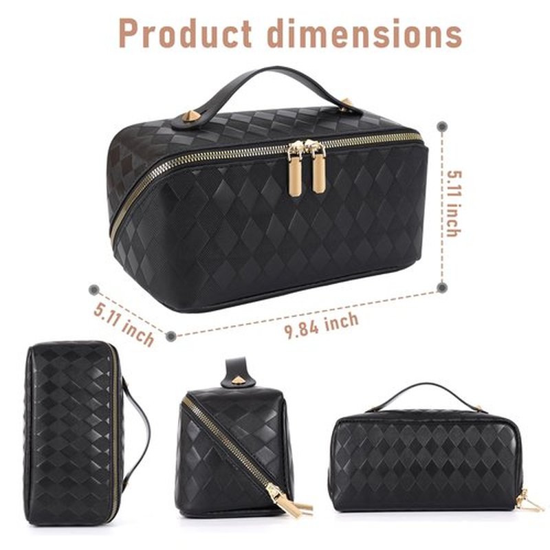 ALEXTINA Travel Makeup Bag,Large Capacity Vegan Leather Cosmetic Bags for Women,Waterproof Portable Pouch Open Flat Toiletry Bag Make up Organizer with Fixed Divider