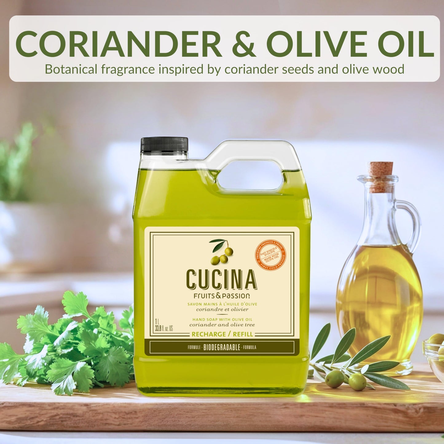 Cucina Fruits & Passion Hand Soap Refill – Coriander & Olive Tree – 1 Liter (33.8 fl oz) – Olive Oil Enriched Kitchen Hand Soap – Biodegradable Formula – Vegan – Made in Canada
