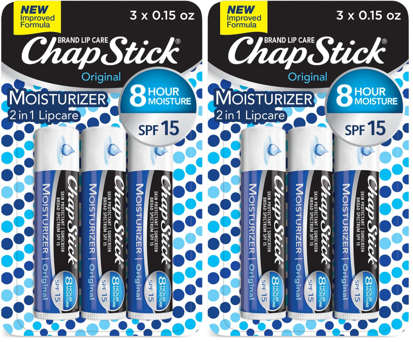 ChapStick Moisturizer Original Lip Balm Tubes, SPF 15 and Skin Protectant - 0.15 Oz, 3 Count (Pack of 2)
