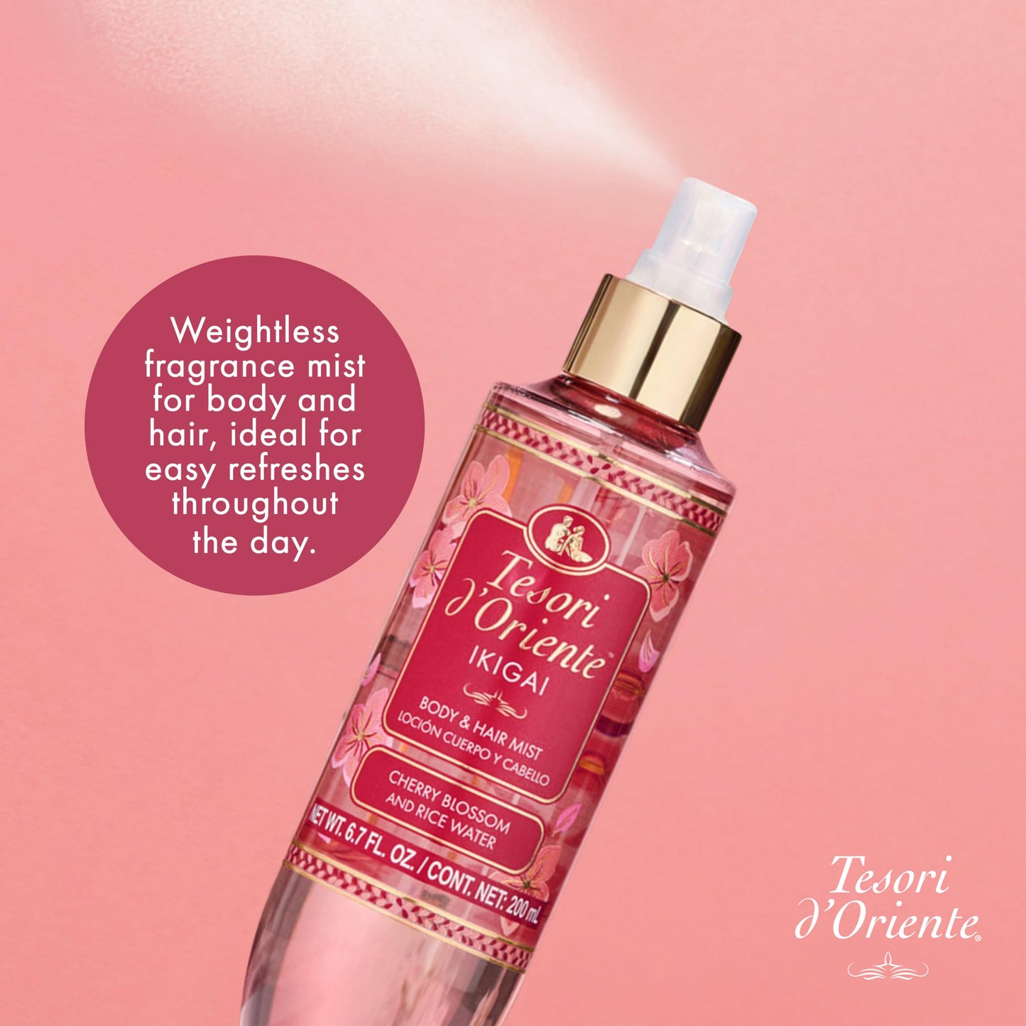 Tesori d’Oriente Ikigai Hair & Body Mist for Women & Men, 6.7 fl oz, Lightweight Floral Scent with Cherry Blossom & Rice Water, Refreshing, Layerable Fragrance for Skin & Hair