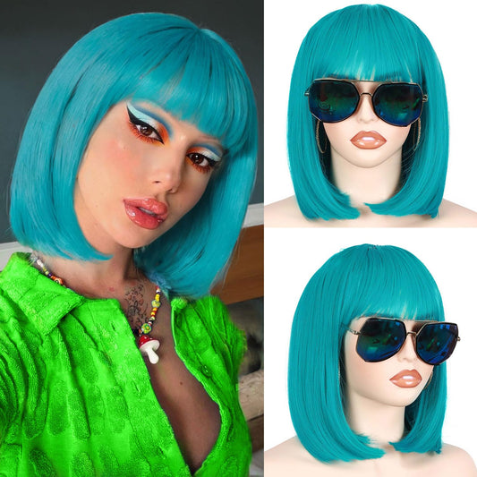 Fancy Hair Teal Bob Wig with Bangs Short Straight Turquoise Bob Wig Synthetic Vibrant Teal Blue Cosplay Bob Wig for Women 12 Inches