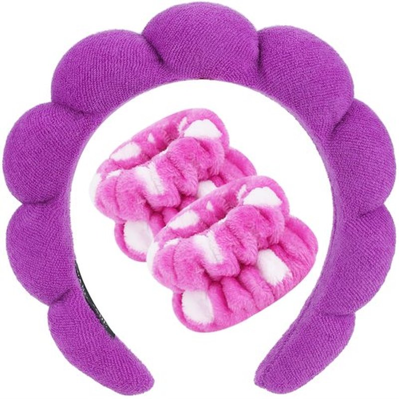 Zkptops Spa Headband for Washing Face Wristband Set Sponge Makeup Skincare Terry Cloth Bubble Soft Get Ready Hairband for Women Girl Puffy Padded Headwear Non Slip Thick Hair Accessory(Dark Purple)