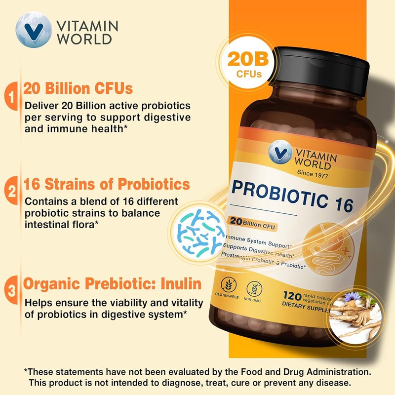 Probiotic 16 - 20 Billion CFU, 16 Strains & Prebiotic Fiber | Digestive & Immune Support, 120 Veggie Capsules