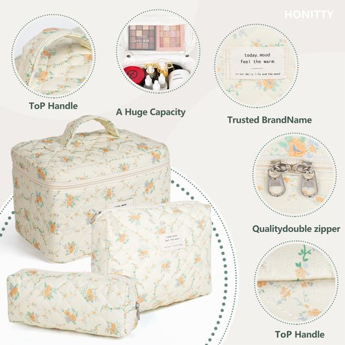Makeup Bag,Quilted Cosmetic Bag,Large Floral Make Up Bag for Women,Cotton Makeup Bag Set,Flower Travel Toiletry Bag