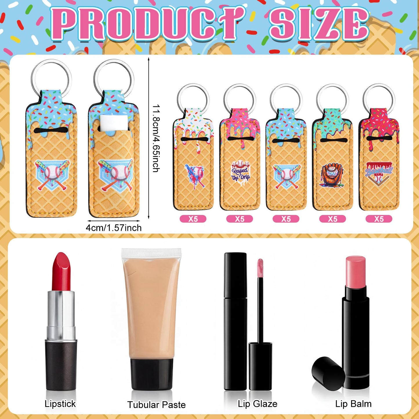 ElaraBerry 25 Pcs Ice Cream Baseball Drip Party Favor Gift Bulk Lipstick Holder Keychain Sports Accessories for Adults (Baseball)