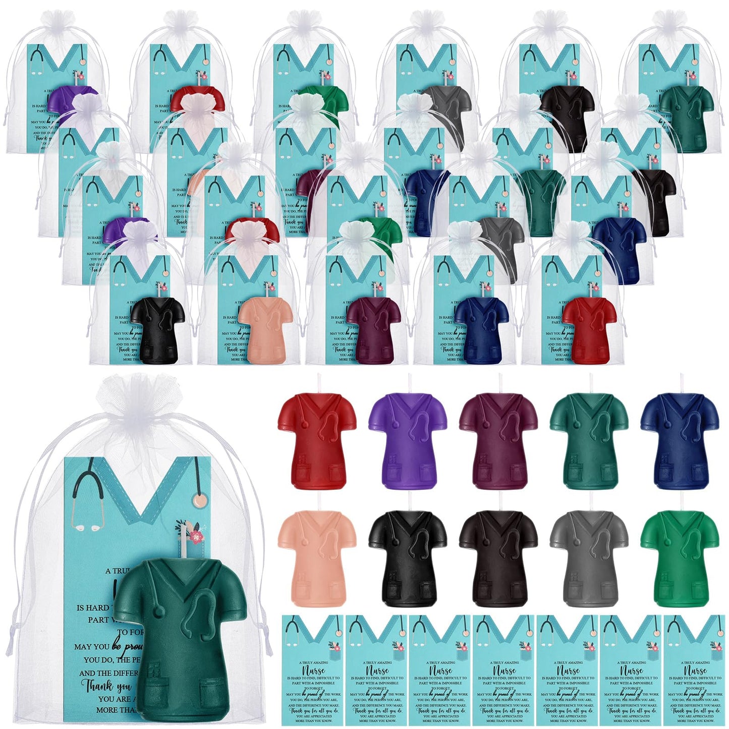 Baquler 30 Set 50 pcs CNA Week Gifts Bulk Doctor Coat Shaped Nurse Candle Appreciation Cards with Organza Bag for CNA Doctor Women Men Nursing Day Thank You Gift Nurse Graduation