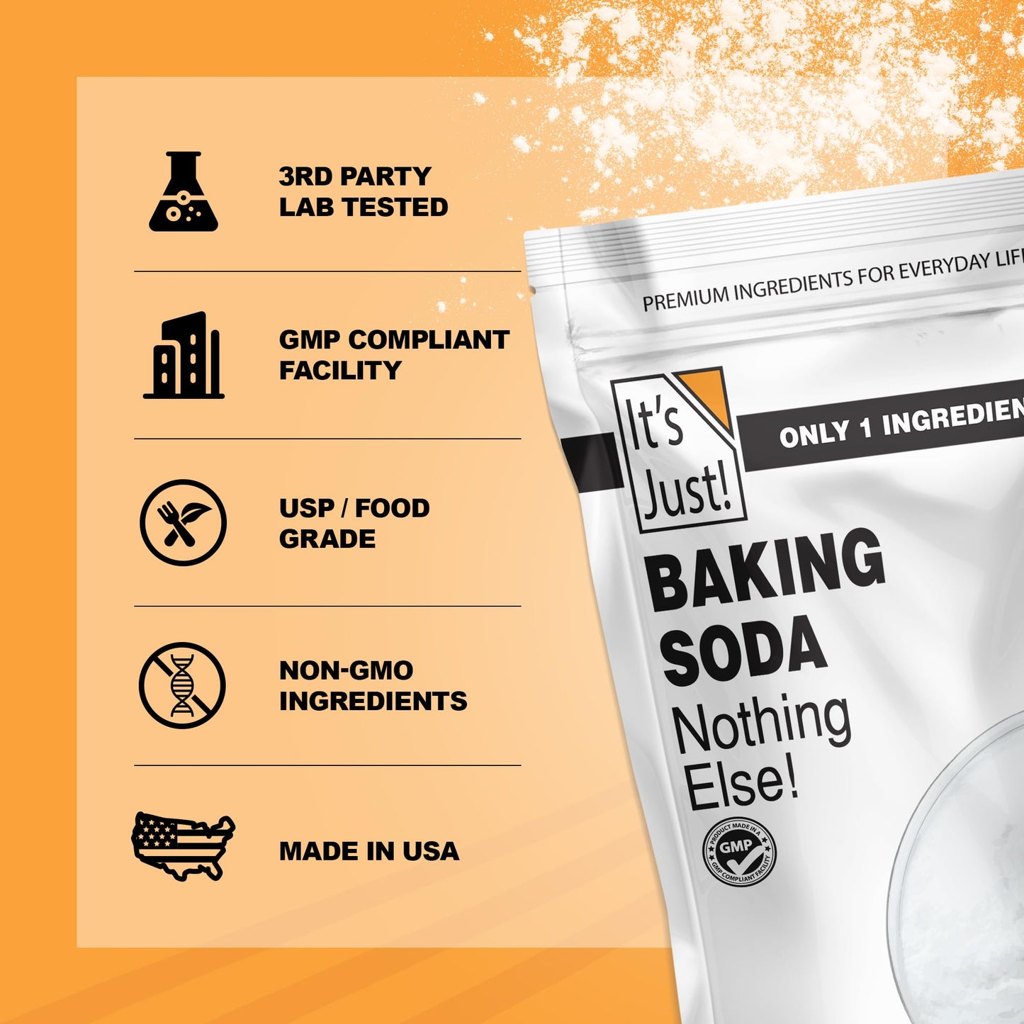 It's Just - Baking Soda, 100% Pure Sodium Bicarbonate, Food Grade, Non-GMO, Made in USA, Cooking, Baking (1.25 Pound)
