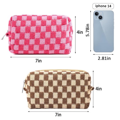 ZLFSRQ 2Pcs Checkered Makeup Bag for Women Large Capacity Cosmetic Bag Set Travel Makeup Pouch for Purse Zipper Toiletry Organizer Cute Y2K Aesthetic Trendy Makeup Brushes Storage Bag(Pink/Brown)