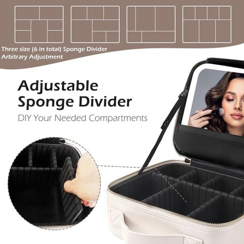 MOMIRA Travel Makeup Bag Cosmetic Bag Makeup Organizer Bag with Lighted Mirror, Adjustable Brightness in 3 Color Scenarios, Waterproof Makeup Train Case, Gift for Women - Khaki