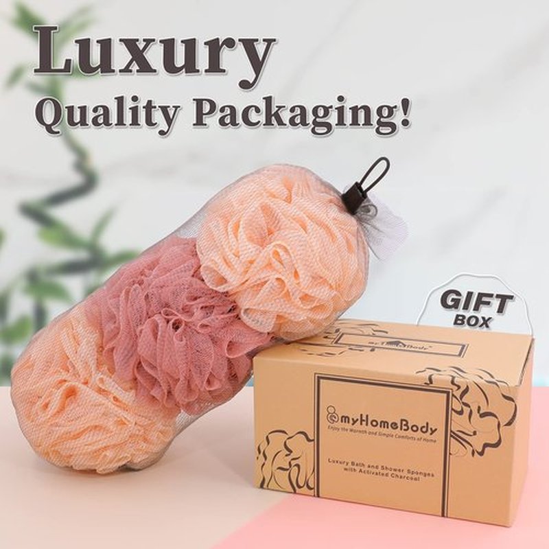 myHomeBody 60g Loofah Sponge, Body Scrubber, Bath Sponge, Loofah for Women, Men, Exfoliating Sponge Shower Pouf with Activated Charcoal - 2 Peach + 1 Coral Red, 3 Pack