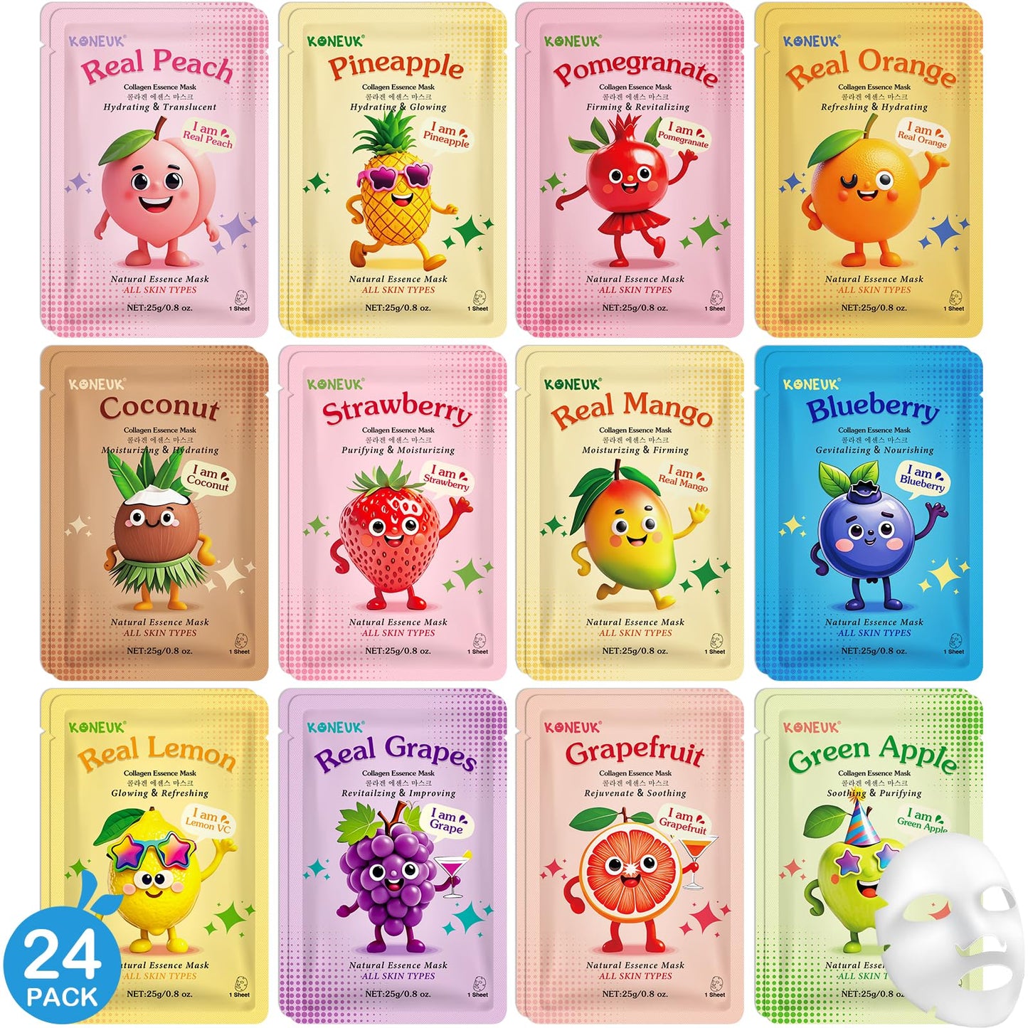 KONEUK 24 Pack Fruit Kids Face Mask, Collagen Hydrating Face Masks Skincare for Teens Girls, Skin Care for Kids, Spa Party Supplies and Bulk Birthday Gifts for Women, Sleepover Party Supplies