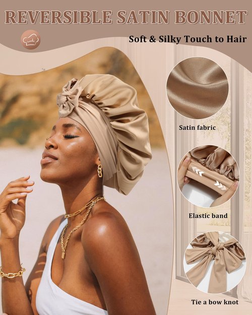 Reversible Satin Bonnet for Sleeping Women Silk Bonnet Double Layer Hair Bonnet with 2PCS Hair Scrunchies Elastic Tie Band Night Cap Hair Wrap for Natural Curly Hair (Coffee + Champagne)