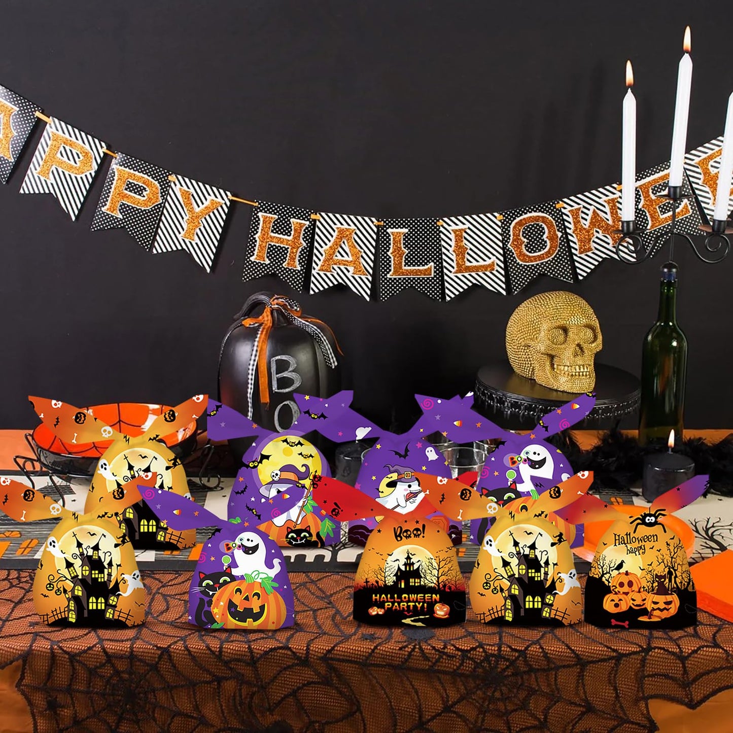 SAILYLENCEY]100-Pack Halloween Candy Bags, Halloween Treat Bags, 6 Patterns, 2 Colors (Purple/Orange) for Party Favors