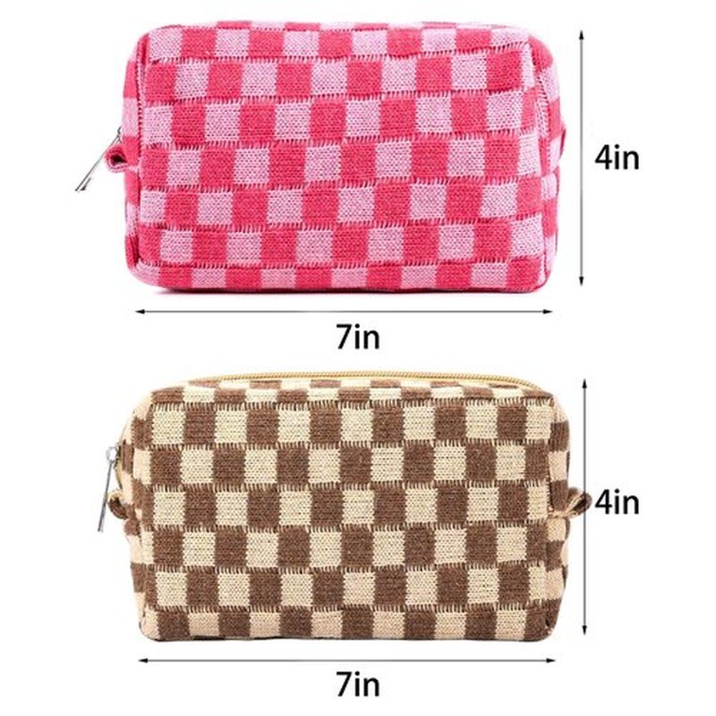 ZLFSRQ 4Pcs Checkered Makeup Bag for Women Knitted Small Cosmetic Bag Travel Makeup Pouch for Purse Zipper Toiletry Organizer Cute Aesthetic Girls Makeup Brushes Storage Bag (Green/Black/Pink/Brown)