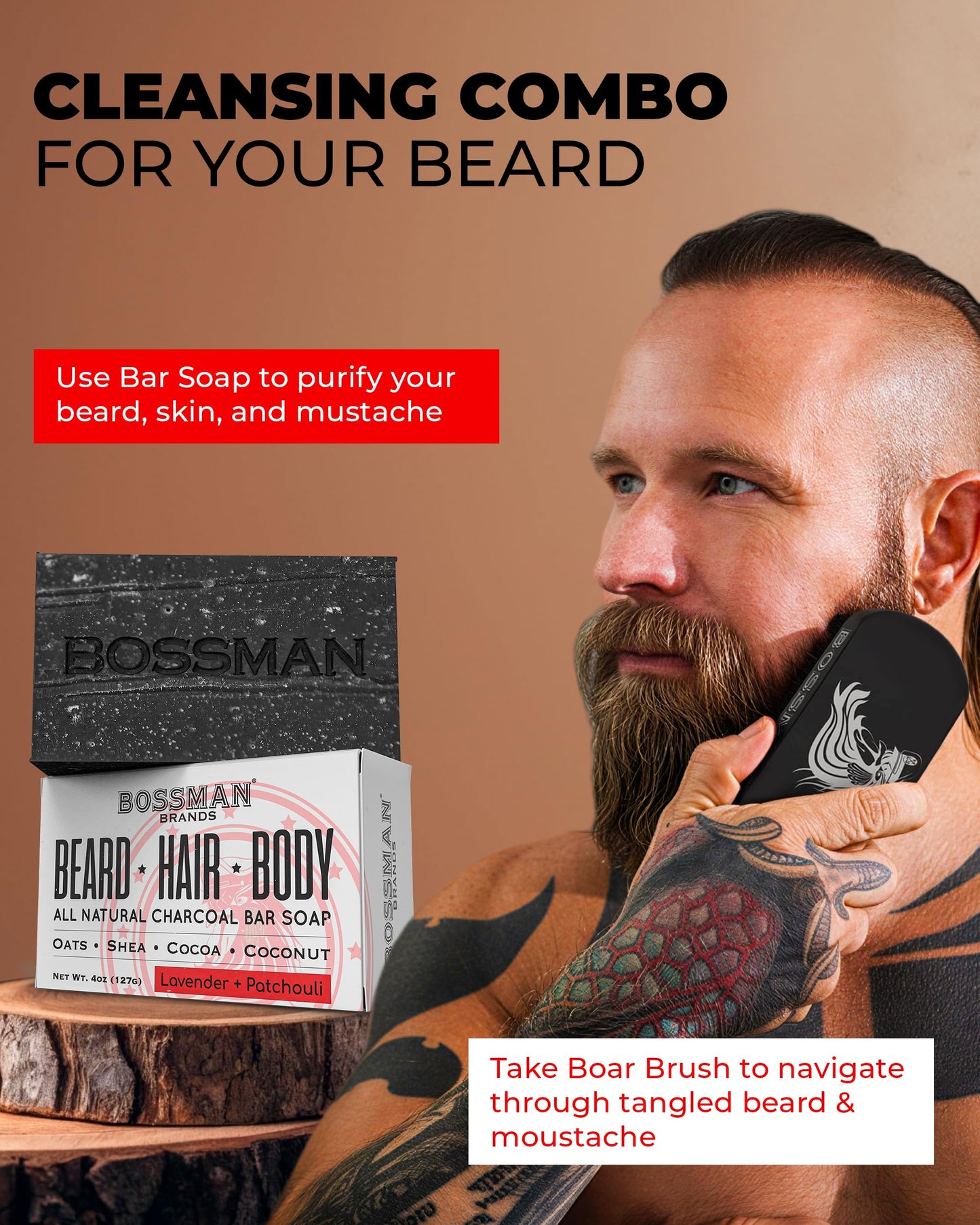 Bossman Big Boss Beard Care Kit for Men - Gifts for Dads, 7 Piece Beard Grooming Kit w/Jelly Beard Oil, Beard Conditioner, Beard Balm, MUDstache Wax, Bar Soap, Shower Brush, Oval Brush (Hammer)