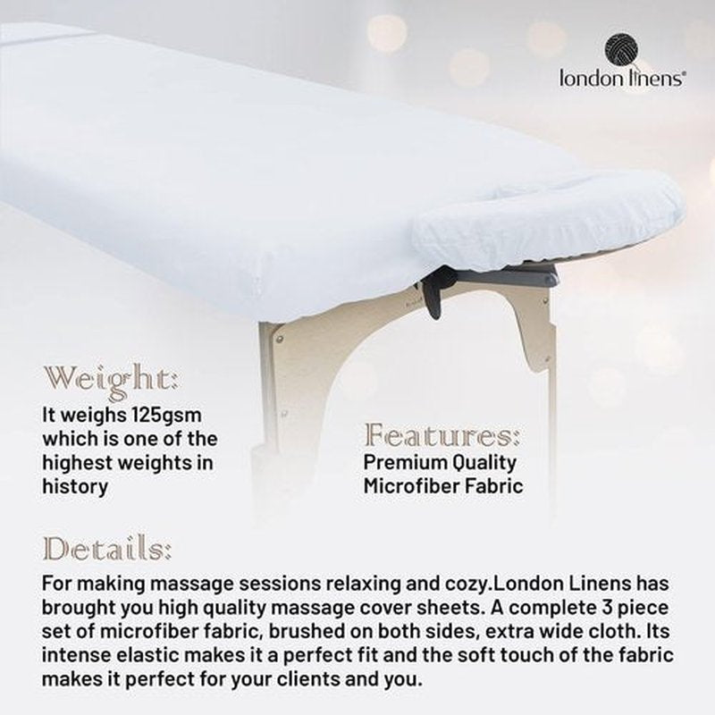 LONDON LINENS Soft Microfiber Massage Table Sheets Set 3 Piece Set - Includes Massage Table Cover, Massage Fitted Sheet, and Massage Face Rest Cover (White), Pack of 2