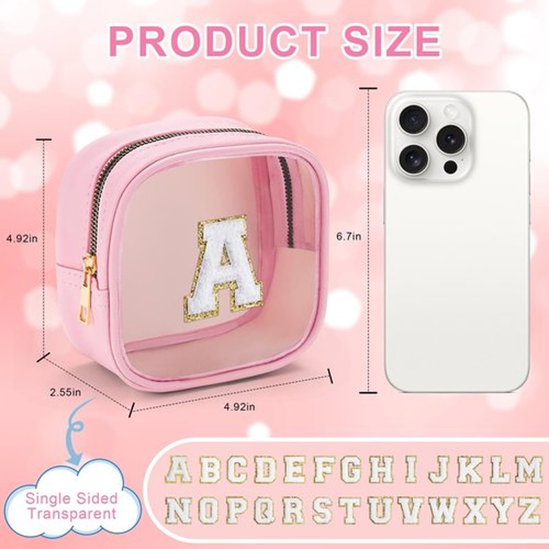 YOOLIFE Initial Mini Makeup Bag | Make Up Bag Travel Toiletry Bag | Clear Makeup Bag | Preppy Cosmetic Bags Organizer Travel Essentials Gifts for Women Teen Girlfriend Teacher Brithday Gifts Pink A
