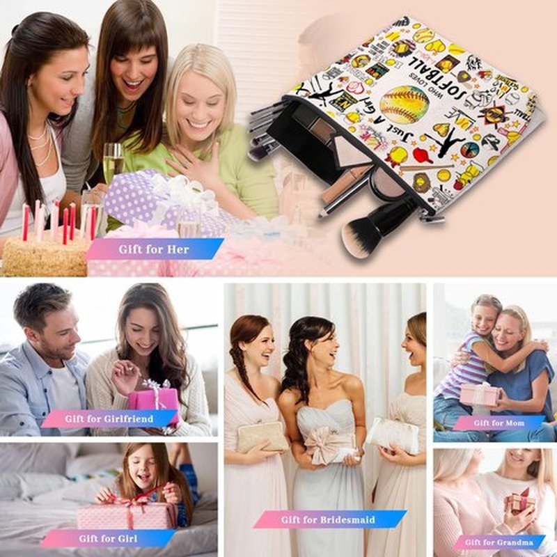 Softball Gifts Makeup Cosmetic Bag for Women, Birthday Gifts for Softball Lovers Players Fans, Softball Stuff Accessories Gifts for Team Coach, Softball Travel Bag Pouch Purse for Female Friends