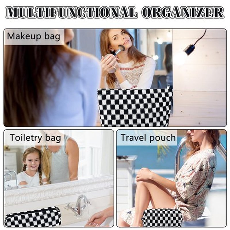 ZLFSRQ 3Pcs Checkered Makeup Bag for Women Large Cosmetic Bag Set Travel Toiletry Bag Makeup Pouch Bag for Purse Black Zipper Storage Bag Organizer Cute Small Aesthetic Girls Car Essentials Bag