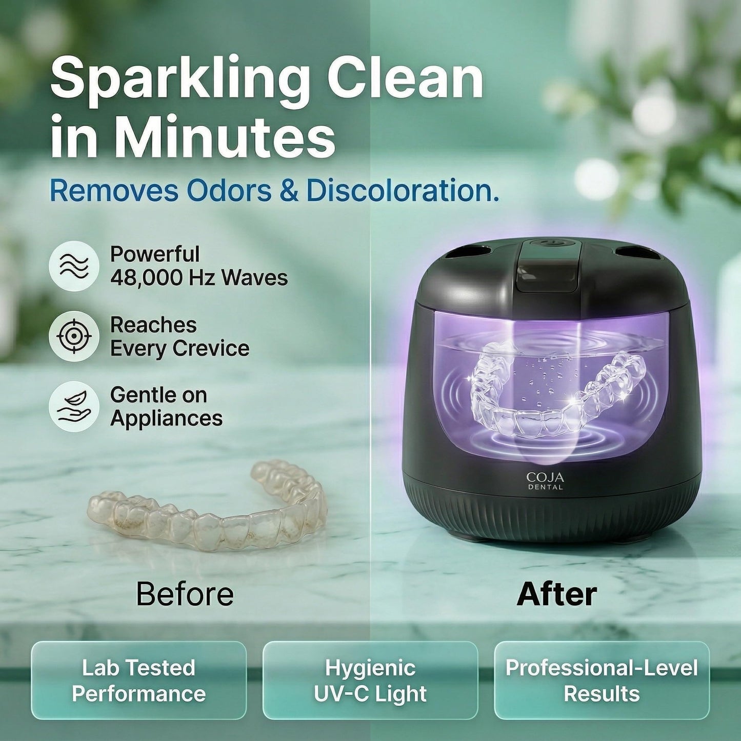 COJA Dental Cleansing Pod PRO + UV | Rechargeable Ultrasonic Retainer Cleaner Machine | 48kHz Ultrasonic Dental Pod for Mouthguard, Dentures & Aligners | 3 Cleaning Modes | Tablets Included