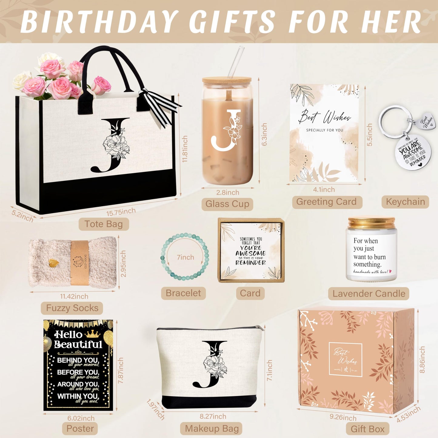 Lepiche Birthday Gifts for Women, Monogrammed Initial Gift for Teacher Wife Mom, Tote Bag,Glass Cup Gift Basket Personalized Christmas Mother's Teacher Appreciation Day,J
