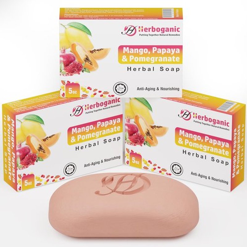 HERBOGANIC Mango, Papaya and Pomegranate Herbal Soap | Pack of 3 of 5oz soap Bar | Natural Bar Soap for Face and Body | Hydrating and Nourishing | Suitable for Men and Women