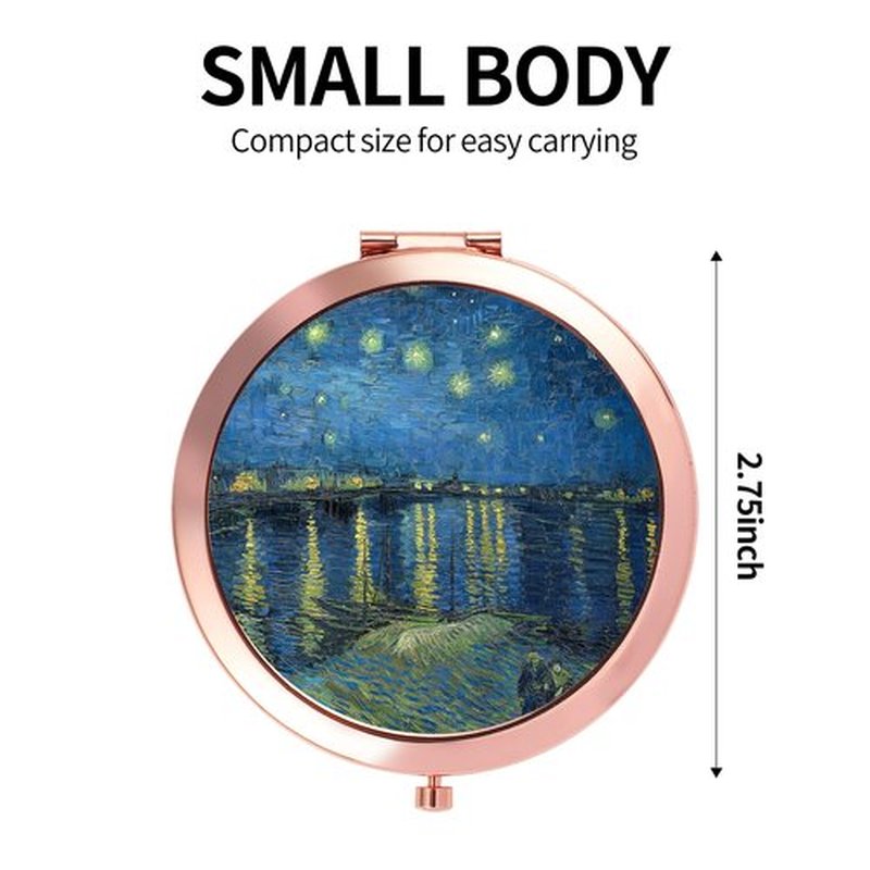 Dynippy Compact Mirror Rose Gold Makeup Mirror Folding Mini Pocket Mirror Portable Hand Mirror Double-Sided 2 x 1x Magnification for Woman Girls (Starry Night Over The Rhone)